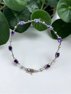 Vintage 14K White Gold Natural Amethyst & Diamond Tennis Bracelet (7", 4.6g)